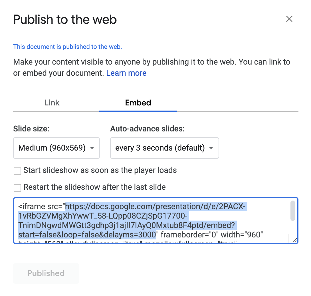 Publish window for Google Slides
