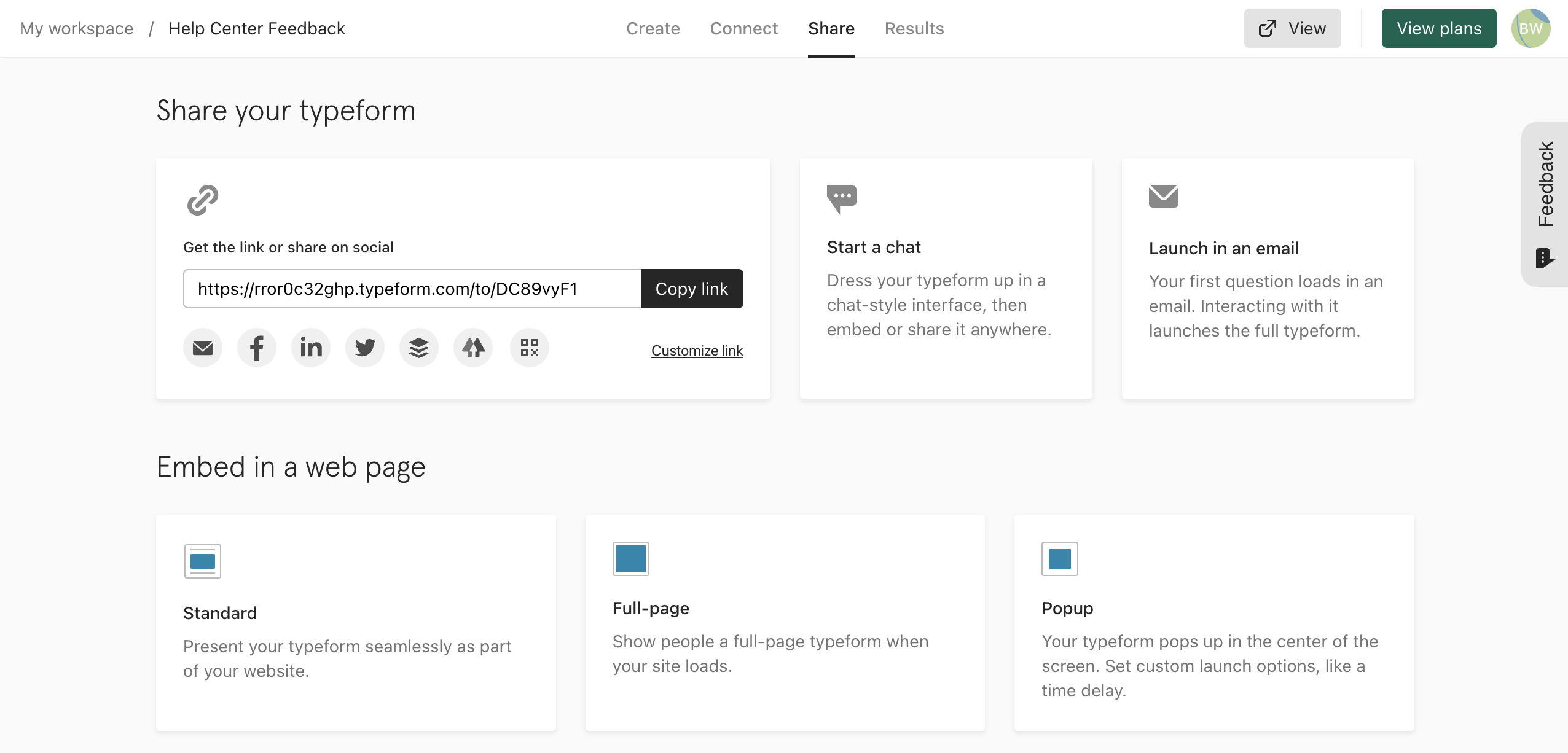 Share tab in Typeform