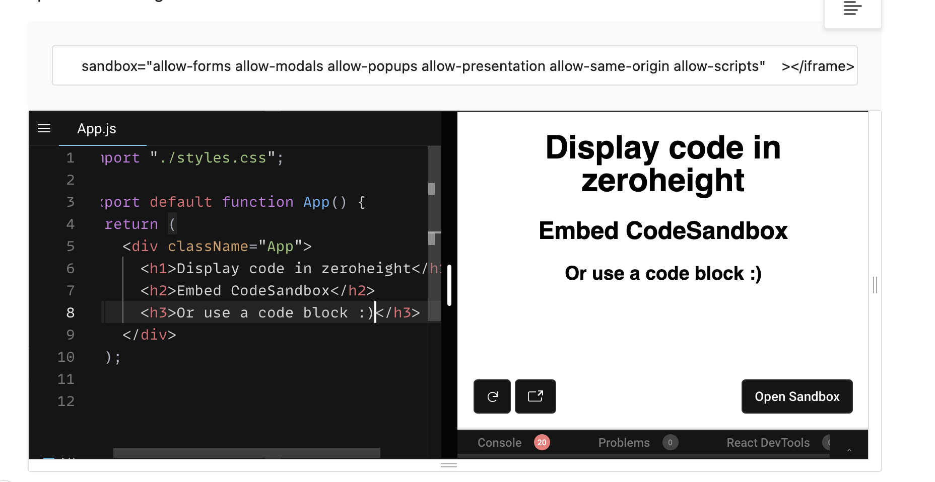 Code Sandbox displayed in zeroheight.