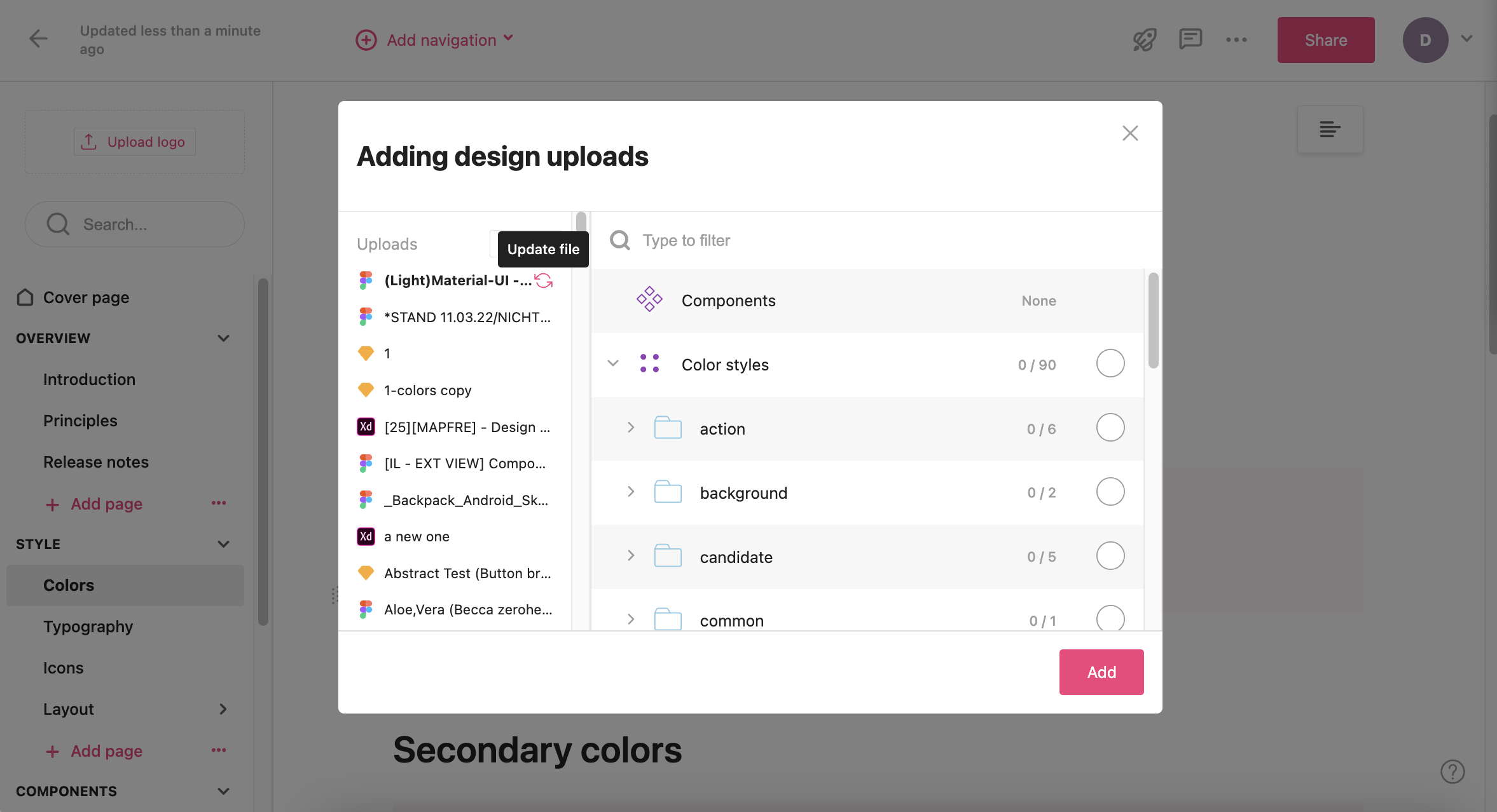 Update file function hovered over in the design uploads window.
