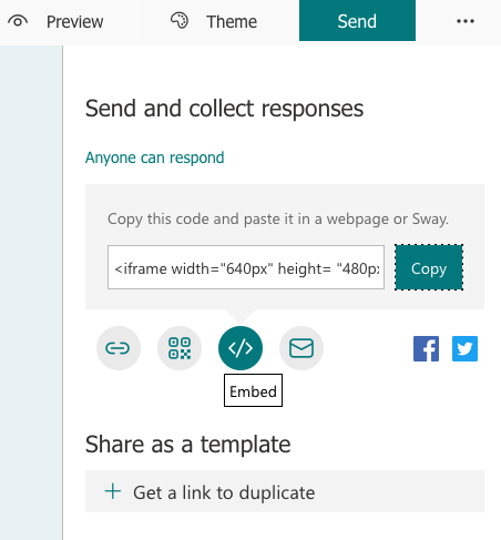 Embed function hovered over in Microsoft Forms