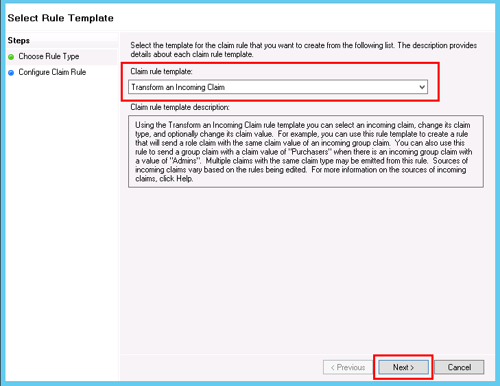 Red rectangles around the Claim rule template area and Next button