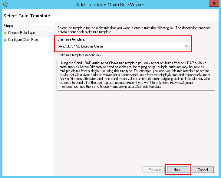 Red rectangles around the Claim rule template area and Next button