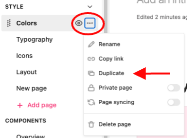 Red arrow pointing to duplicate function for styleguide page