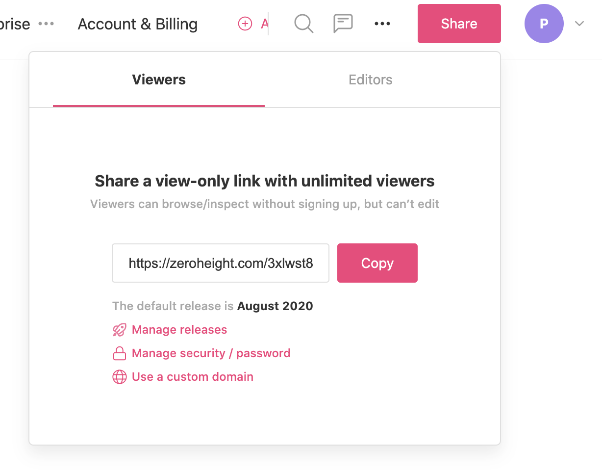 Share window to copy view-only link