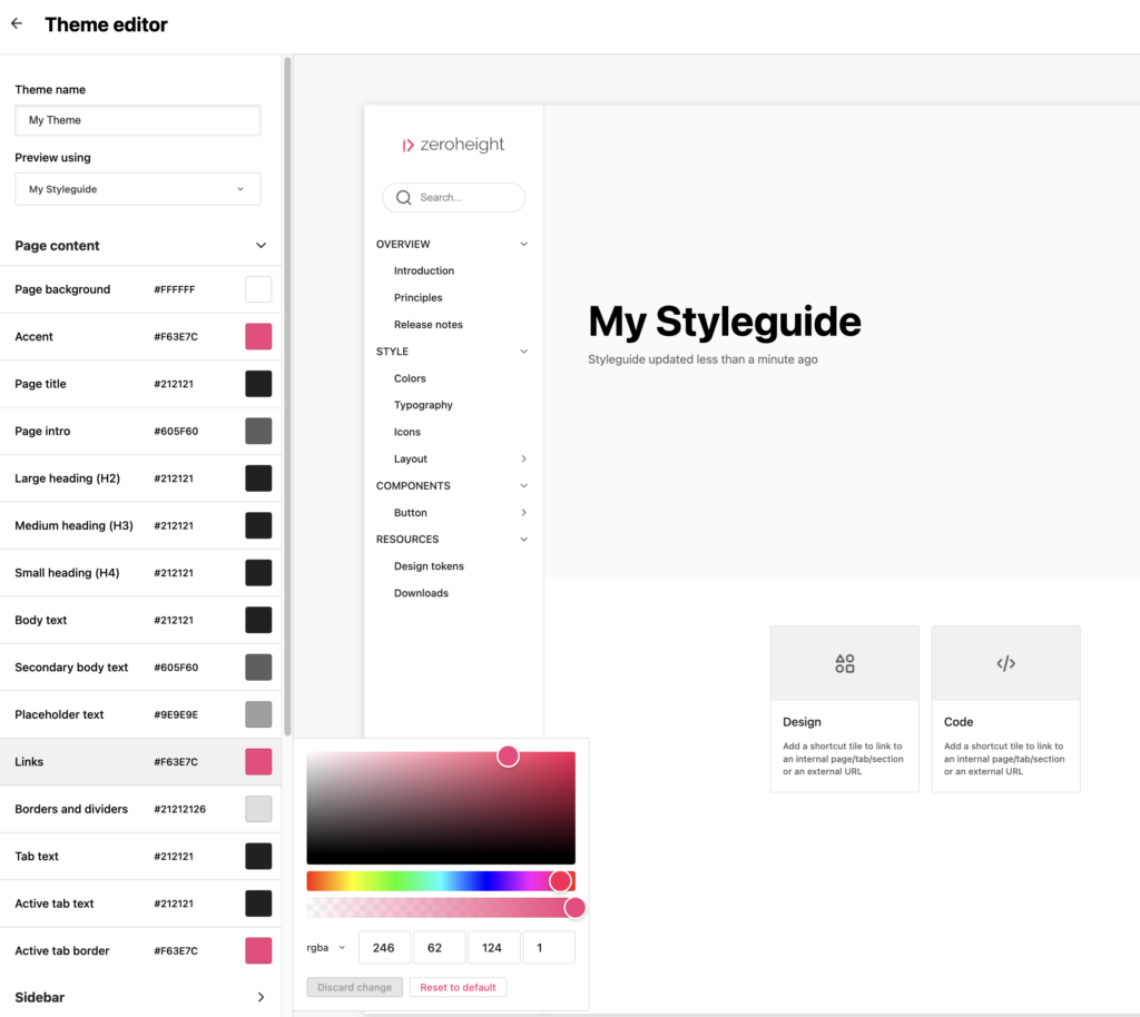 Changing the link color in the theme editor