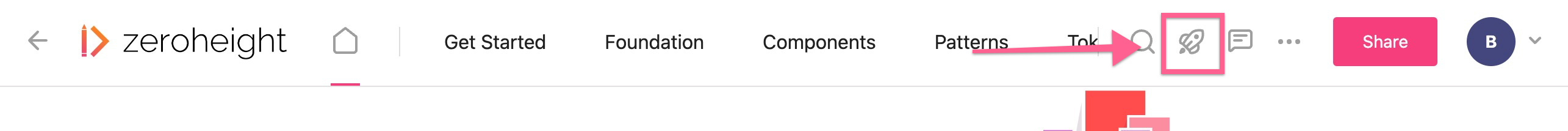 Pink arrow pointing to the rocket icon in zeroheight