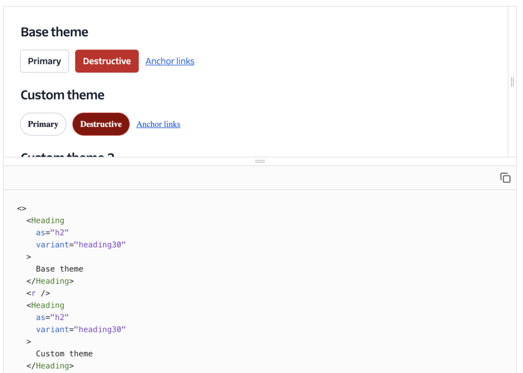 Native Storybook embed showing the preview on the top half and a code snippet on the bottom half.