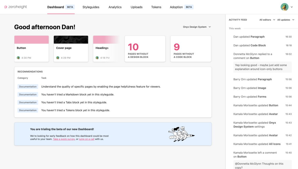 The zeroheight dashboard