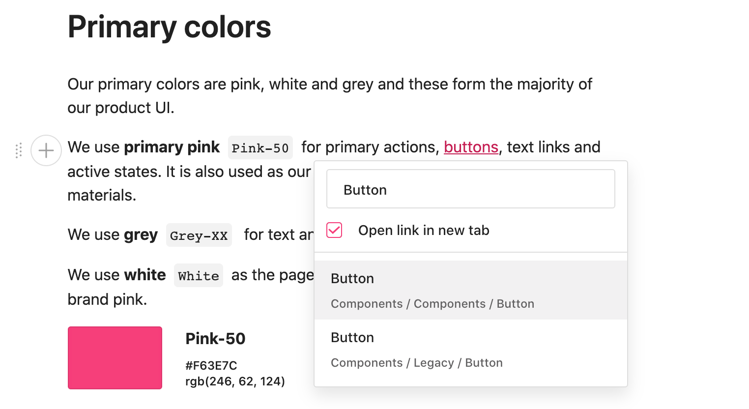 Window to hyperlink a styleguide page to text