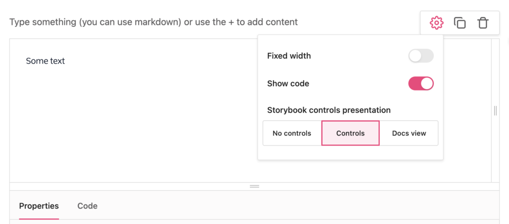 Action menu for a storybook block showing the code presentation options: No controls, controls and docs view