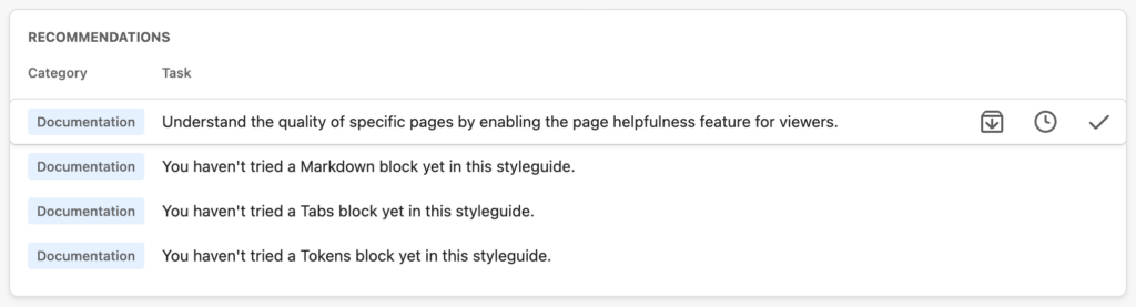 Four documentation recommendations. One is hovered to reveal the actions menu