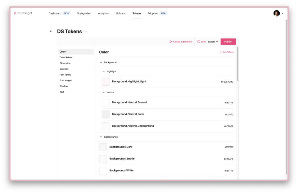 Token set list in zeroheight