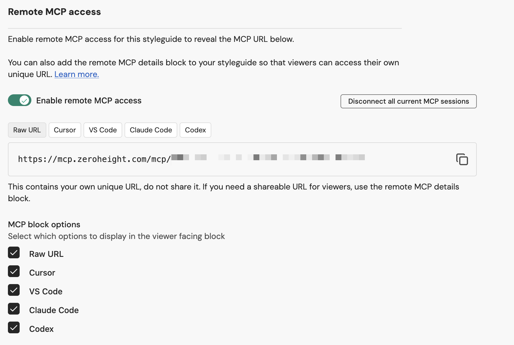 Remote MCP access settings screen