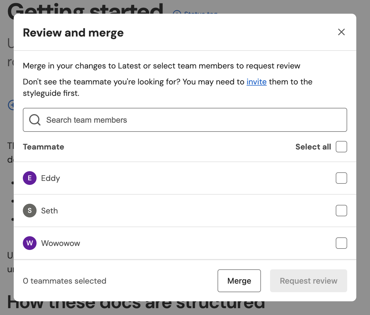 The Review and merge window listing teammates