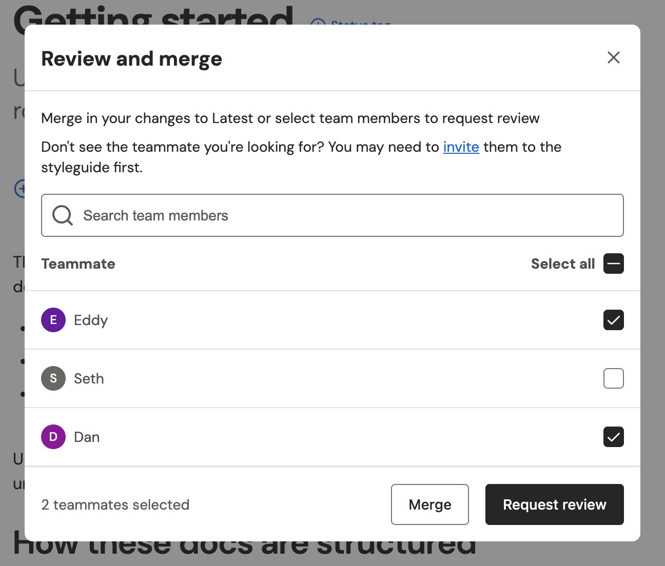 Two teammates ticked, with Request review now available