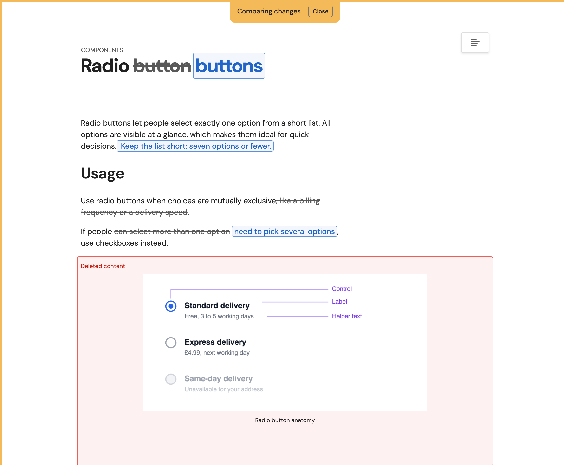  A page in compare mode with changes highlighted
