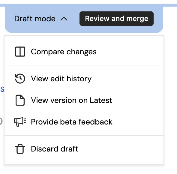 The Draft mode menu with Compare changes
