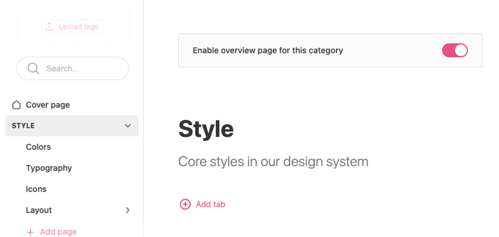 Overview page is enabled for a styleguide page category.