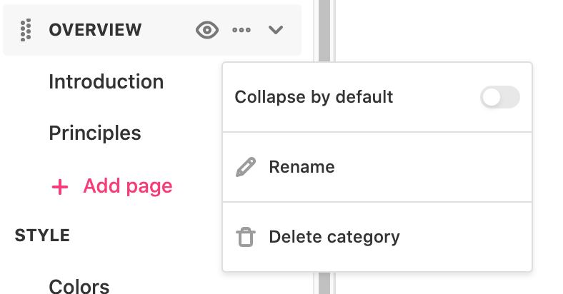 Page setting menu showing the collapse categories by default function.